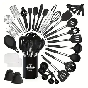 Hot Selling Heat Resistant Black Kitchen Gadgets Tools 43 Pcs Silicone Kitchen Cooking Utensils Set With Stainless Steel Handle