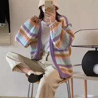 Cardigan en tricot rayé arc-en-ciel pour femme, col en V, ouvert sur le devant, manches longues, coupe ample et oversize, pull tricoté pour femme, vêtement d'extérieur
