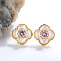 Boucles d'oreilles clous en argent sterling S925 trèfle à quatre feuilles, pierres précieuses colorées en diopside naturel et améthyste, boucles d'oreilles florales pour femmes