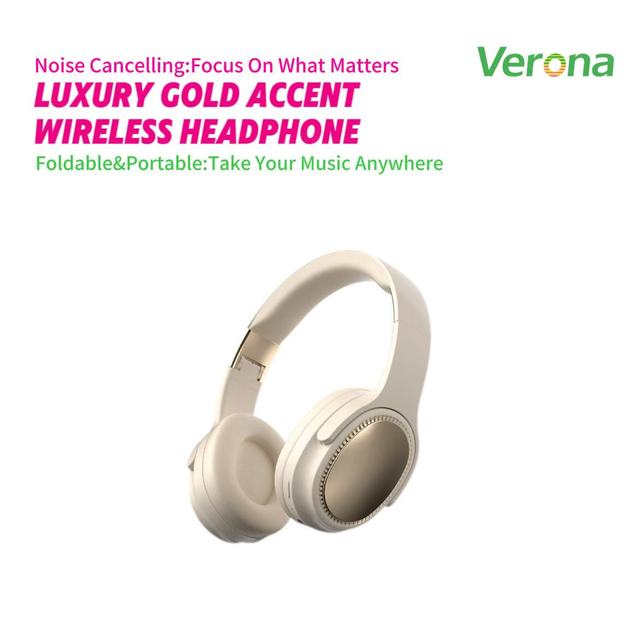 Sleek Beige Gold Wireless Headphones Foldable Over-Ear Headset Soft Earpads ENC Noise Cancellation 20 Hours Playtime IPX-3