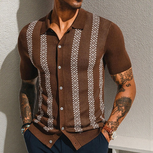 Chemises Polo Décontractées d'Été pour Hommes, Style Européen et Américain, Rayées, en Tricot Jacquard, Manches Courtes, Hauts en Tricot - Product Image 4