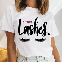 Groothandel dameskleding bedrukte grappige T-shirts cartoon wimpers dame korte mouw grafische goedkope plus size goedkope T-shirts tops