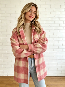 SWEET BABE Veste en polaire à carreaux pour femme, manches longues, col rabattu, tenue décontractée d'automne - Product Image 4