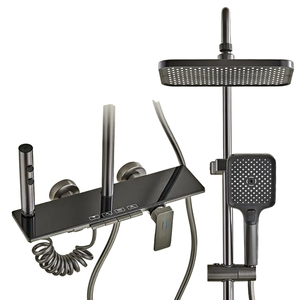 Ensemble de douche thermostatique gris anthracite moderne avec commande à touches piano, système de pluie mural, <span class=keywords><strong>douchette</strong></span> à main et pulvérisateur de <span class=keywords><strong>bidet</strong></span> - Product Image 1