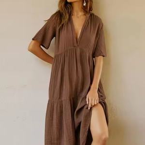 Vestidos Casuales de Verano 2025, Nuevo Diseño, Alta Calidad, 100% Algodón, Holgados, Maxi, Manga Corta, Cuello en V - Product Image 2