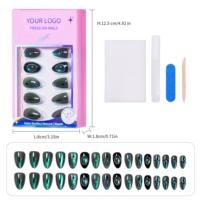32 faux ongles vert émeraude œil de chat, forme amande moyenne, style gothique, avec cristaux 3D, kit complet de nail art DIY, ongles artificiels