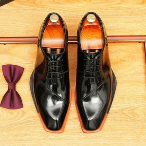 Korean-Style Square-<b>Toe</b> Men's High-Top Leather Boots, Brogue Carved Genuine Leather Chelsea Boots, Business <b>Cap</b>-<b>Toe</b> Ankle Boots - Product Image 4