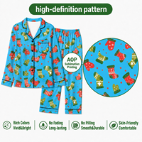 Ensemble pyjama personnalisé de Noël bleu avec col cranté et mitaines, en polyester, pour femme, POD, MOQ 1 pièce, Dropshipping