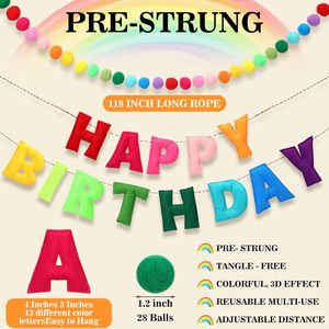 Buon compleanno striscione in feltro arcobaleno palla di feltro ghirlanda riutilizzabile lettere di feltro decorazioni per feste di compleanno ghirlanda - Product Image 6