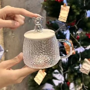 Vendita calda carino orso tazza da caffè con glaciale a strisce di vetro eco-friendly tazza da tè ufficio uso domestico con orso coperchio cucchiaio - Product Image 4