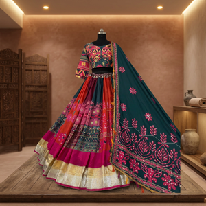 Ensemble Lehenga Choli traditionnel brodé à blocs de couleurs, robe longue en coton Banarasi imprimée au bloc avec dupatta pour la fête de Diwali - Product Image 3