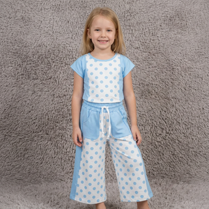 Conjunto de Pijama sin Mangas para Niñas, Azul con Puntos, Casual, Ecológico, Pantalones de Spandex/Poliéster, Ropa de Dormir Cómoda - Product Image 1
