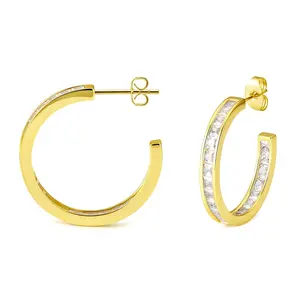 Gemnel new design gold plated jewelry medium princess cut cubic zirconia open half hoop earrings