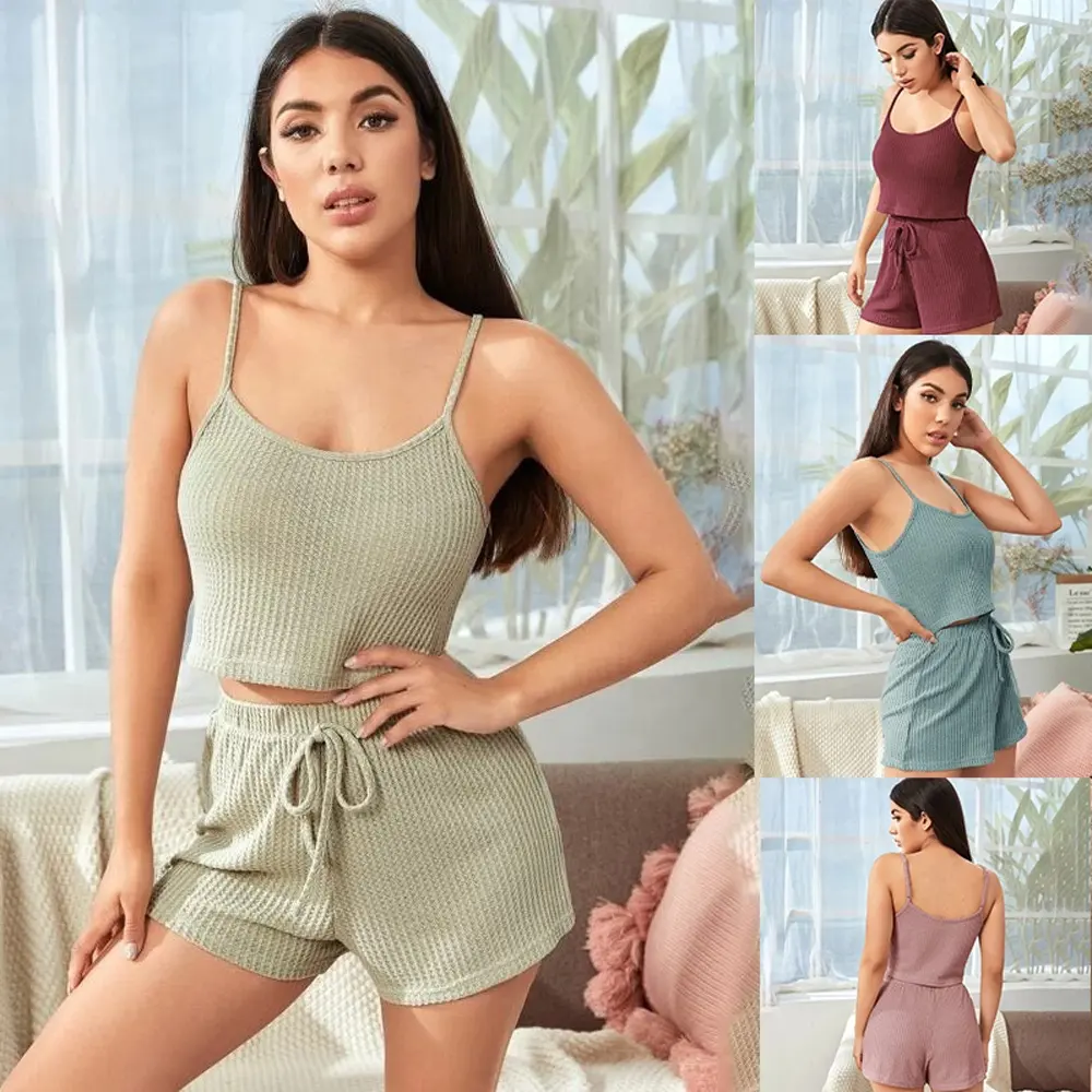 2022 Sommer V-Ausschnitt Leibchen und kurze Pyjamas Set Frauen Pyjama Bequeme Damen Nachtwäsche kurze Sets