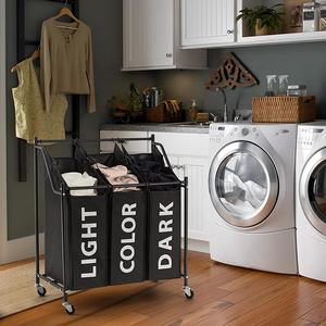 Paniers à <span class=keywords><strong>linge</strong></span> Trieur à <span class=keywords><strong>linge</strong></span> <span class=keywords><strong>sur</strong></span> roues Poubelle à <span class=keywords><strong>linge</strong></span> avec 3 sacs en tissu amovibles Cadre en métal 3X45 L Noir - Product Image 6
