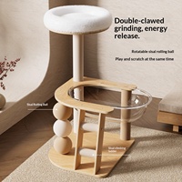 Arbre à chat en chêne massif avec boule en sisal + lit capsule spatiale - Tour de griffoir vertical pour chats d'intérieur, structure d'escalade en bois naturel