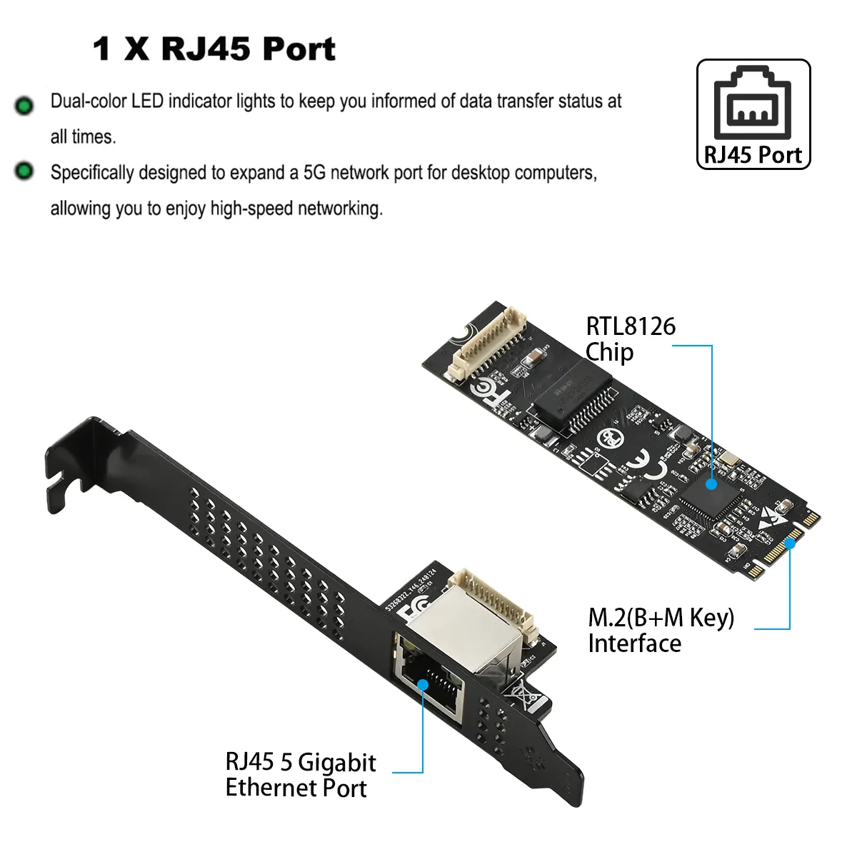 IOCREST 5GBase-T 1 Port 5000Mbps M.2 b key M key to PCIe 5gb Ethernet Card RTL8126 RJ45 LAN Controller Card
