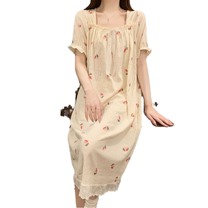 Ensemble pyjama d'été en coton respirant imprimé pour femme, nuisette mignonne tricotée, taille élastique douce, longueur genou, manches courtes, tenue d'intérieur - Product Image 1