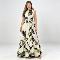Robe longue décontractée pour femmes grandes tailles, style halter sans manches, imprimé feuilles, idéale pour les vacances, possibilité de personnalisation OEM