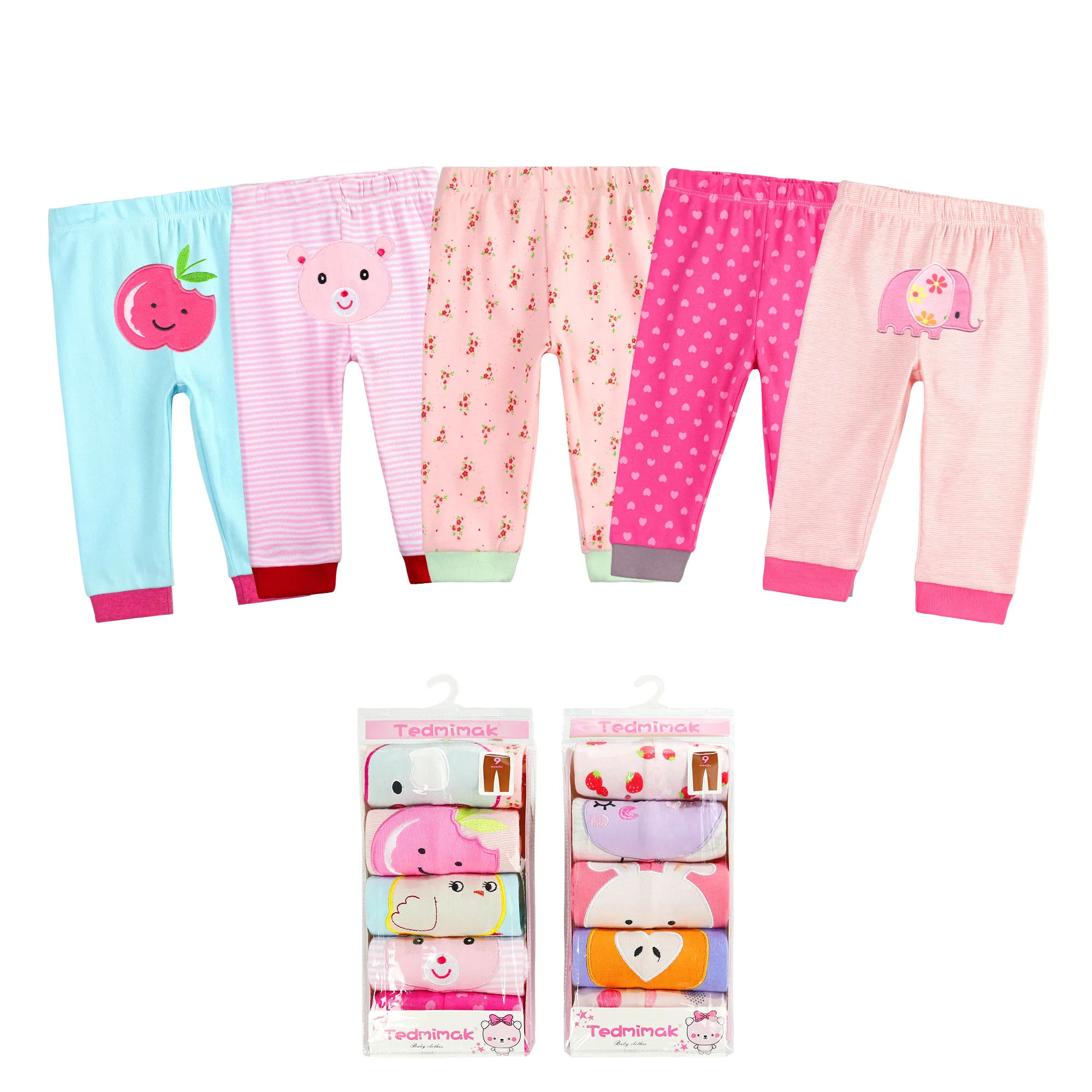 Wholesale Baby clothes Gift sets 5 Pcs Newborn Infants Trousers for Girl Boy Print Embroidery Cartoon 100% Cotton Baby Pants