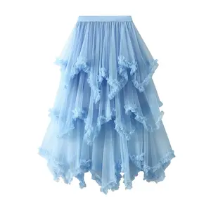 Irregular gauze cake skirt mid-length high-waisted large swing pompadour fairy gauze skirt long skirt