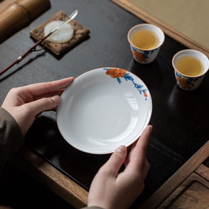 Hand Painted Peony Flower Round <b>Tea</b> Tray For Home <b>Tea</b> <b>Set</b> Accessories Dehua Ceramic 1 Pc - Product Image 1