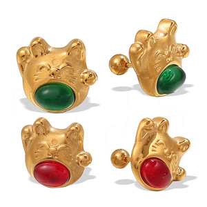 Pendientes de Gato de la Suerte, Chapados en Oro, Aleación de Zinc, Engaste de Bisel Rojo y Verde, Diseño de Dibujos Animados, Regalo para Mujer - Product Image 5