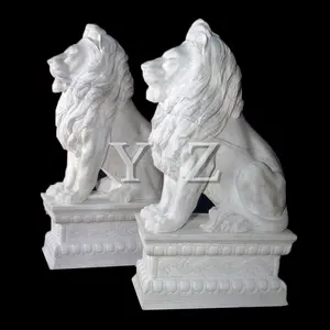 Escultura de par de leões em mármore branco para decoração de entrada ao ar livre