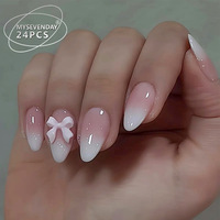 Faux ongles en ABS à presser, amande nude rose ombré avec nœud 3D, réutilisables pour femmes, 24 pièces/ensemble