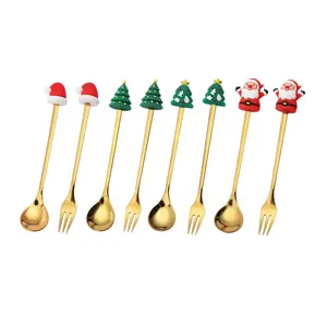 عيد الميلاد الذهب ملاعق وشوكة مجموعة عيد الميلاد مجموعة أدوات المائدة البسيطة الشاي الآيس كريم سكوب مع هدية مربع