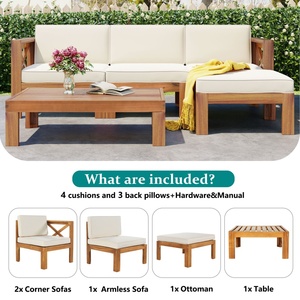 Ensemble de canapés modulaires 5 pièces en bois pour l'extérieur, design simple, confortable, avec coussins beiges, finition naturelle, pour jardins - Product Image 2