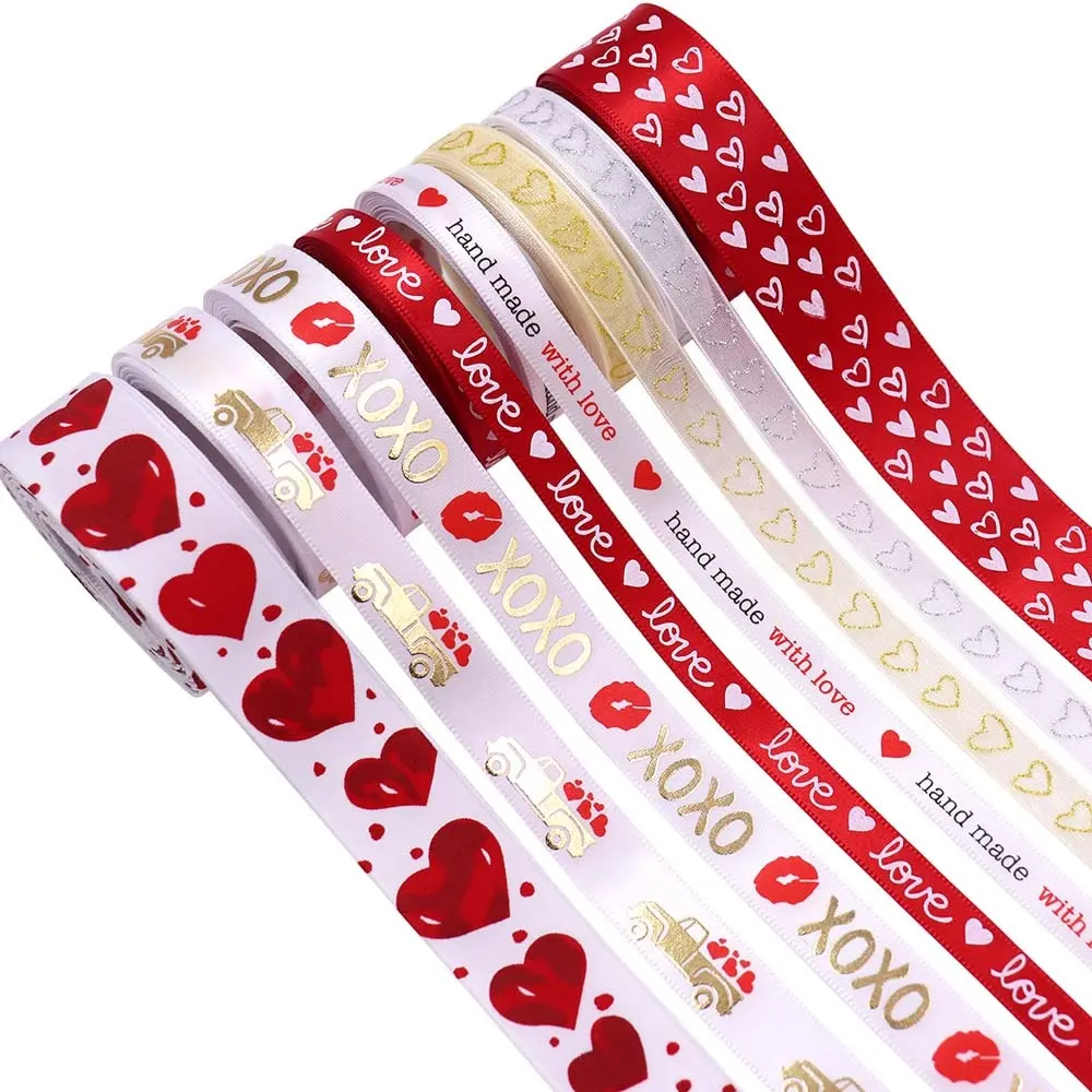 10 ياردات / لفة قلب أحمر شريط تعبئة بوليستر XOXO هدية للف الشرائط لاعبي عيد الحب ديكور الحفلات