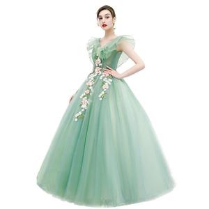 Princess Waistline Ball Gown Tulle Floral Print Sweetheart Neckline Long Evening Dress For Women Army Green Wine Red - Product Image 5