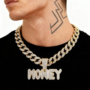 Collana cubana da uomo in lega ecologica, stile hip-hop street, con lettere a catena di diamanti e scritta MONEY, per un look di personalità. - Product Image 1