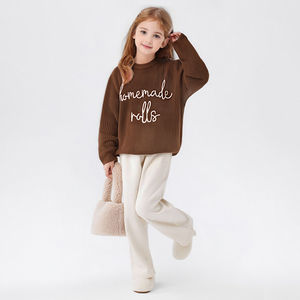 <span class=keywords><strong>Pull</strong></span> en tricot à col rond pour filles, couleur marron, avec broderie et inscription 'Homemade Rolls', 100% polyester - Product Image 4