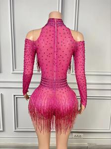 AD2430, monos para <span class=keywords><strong>mujer</strong></span>, monos sexis por encima de la rodilla, cuello de <span class=keywords><strong>tortuga</strong></span>, decoración de cristales, manga larga, traje de actuación brillante - Product Image 3