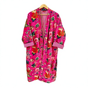 Robe longue en velours imprimé floral rose pour femme, peignoir enveloppant, manches trois quarts, style hiver-printemps, kimono - Product Image 1