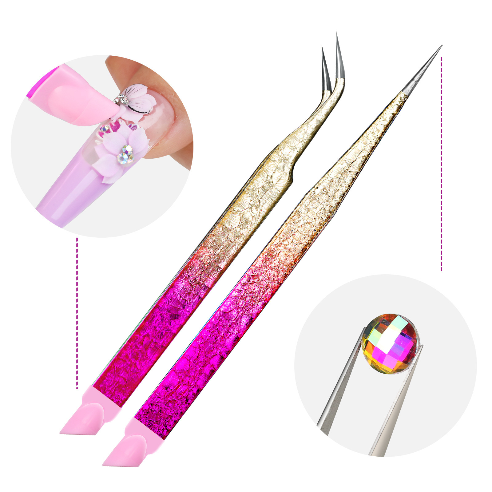 Multifunctional Nail Art Tweezers Stainless Steel Eyelash Beauty Precision Silicone Press Rod Ice Flower Color Manicure Scissors