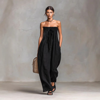 Combinaison midi ample sans bretelles en mélange de lin pour femme, coupe large, minimaliste, pour l'été, avec cordon de serrage, couleur unie
