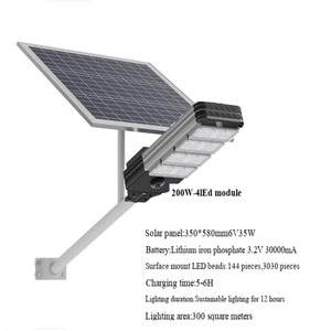 ไฟถนนโซลาร์เซลล์ LED อลูมิเนียม 200W IP65 กันน้ำ สำหรับภายนอกอาคาร โมดูลแสงสว่าง 5000K แสงเดย์ไลท์ ใช้งานได้ 12 ชั่วโมง - Product Image 1