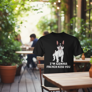 T-shirt bouledogue français, design I'm Gonna French Kiss You, en coton noir, unisexe pour adultes - Product Image 3