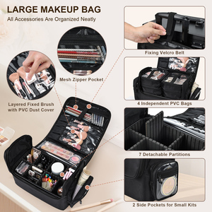 Large <b>Makeup</b> Artist Travel <b>Case</b> with 4 Clear Storage Pouches Shoulder Strap Adjustable Dividers Travel Cosmetic Organizer Bags - Product Image 3