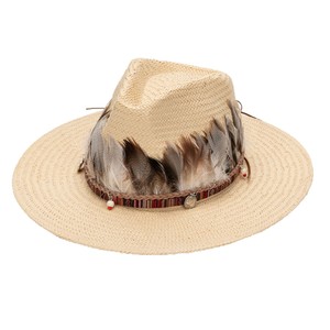 Sombrero de Paja de Ala Ancha de Estilo Casual, Tejido a Mano, con Decoración de Plumas Artificiales, para Playa y Protección Solar - Product Image 5