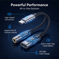 Adaptateur répartiteur audio 2-en-1 USB-C vers prise casque 3,5 mm avec DAC Hi-Fi et charge rapide PD 3.0 60W pour téléphones iOS et Android USB-C