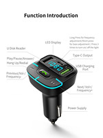 Reproductor MP3 para Auto BT con Doble USB-C y USB-A, Cargador Rápido para Auto, Kit de Manos Libres, Transmisor FM Inalámbrico para Auto