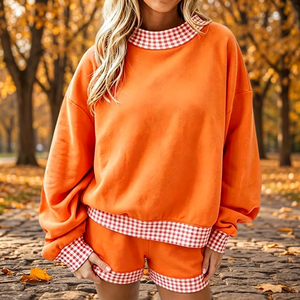 Conjunto de Sudadera y Pantalones Cortos a Cuadros con Parches en Contraste para Mujer, Corte Holgado, Dos Piezas, Ropa Juvenil para el Día del Partido - Product Image 3