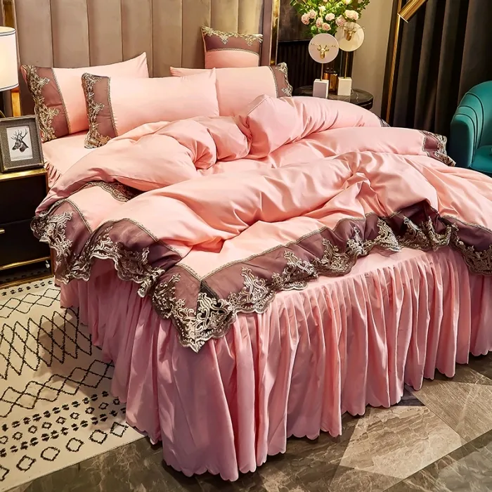Prenses tarzı düz renk polyester düğün yatağı örtüsü ve nevresim takımı dört parçalı dantel etek yatak takımları