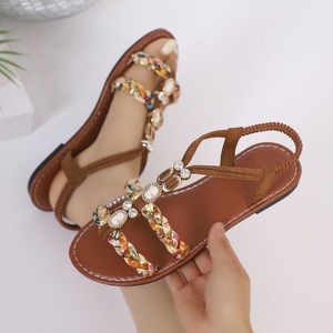 Women Bohemian Flat <b>Sandals</b> Braided Fabric Strap Rhinestone Decor <b>Elastic</b> Ankle Strap Summer Beach Ladies <b>Sandals</b> Wholesale - Product Image 5
