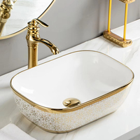 Lavabo de salle de bain rectangulaire en céramique dorée de luxe avec égouttoir pour montage sur robinet monotrou pour la maison ou l'hôtel