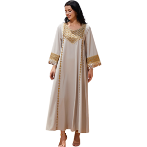 Robe Abaya élégante pour femmes, brodée, respirante, en polyester, à motifs géométriques, inspirée de la Jalabiya marocaine, pour les mariages et les soirées - Product Image 1